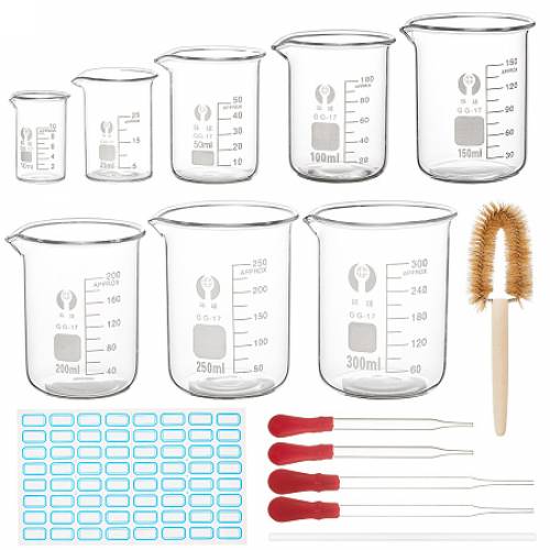 Olycraft Glass Beaker Measuring Cups - with Graduated Measurements - for Lab - with Glass Dropper - Glass Stirring Rod - Waterproof Sticker Labels...