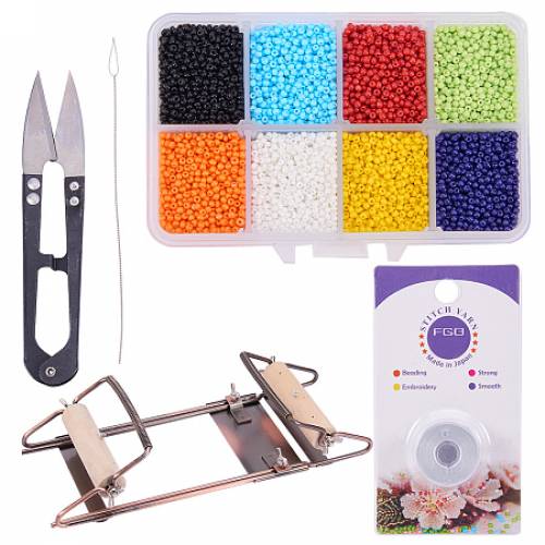 PandaHall Elite Bead Loom Kit With about 1600pcs 8 Color 12/0 Glass Seed Beads - Steel Scissors - Knitting Needle - Threads for Necklace Bracelet...