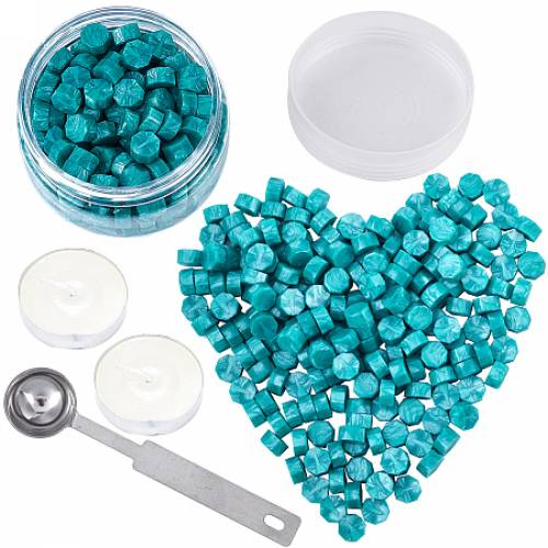 CRASPIRE Seal Stamp Kits - with Sealing Wax Particles for Retro Seal Stamp - Stainless Steel Spoon - Candle - Dark Cyan - 9x5mm