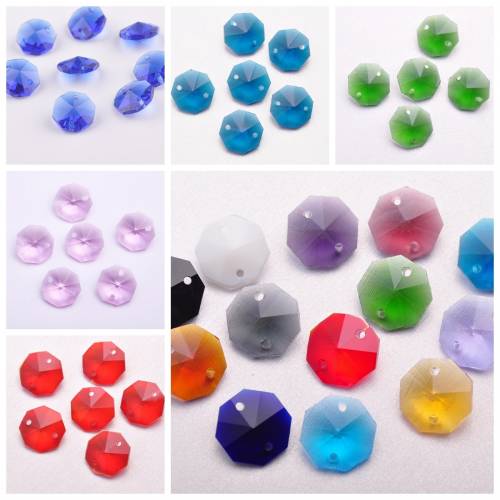 14mm 2 Holes Octagon Prism Faceted Crystal Glass Loose Connector Pendant Beads for Jewelry Making DIY Crafts Curtain