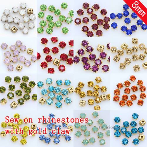 36p 8mm color Sew on Round faceted crystal glass Rhinestone jewels Gold Bottom 4-holes Sewing Stone DIY craft Dress making Beads