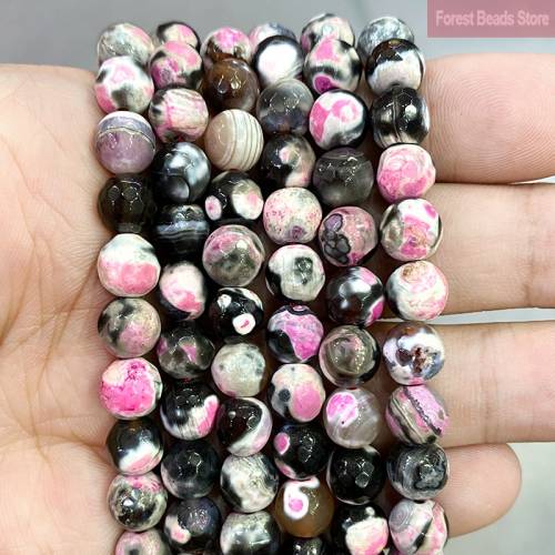 8mm Faceted Pink Frost Dream Fire Dragon Veins Agates Round Beads for Jewelry Making 15‘‘ Strand Diy Charms Bracelet Accessories