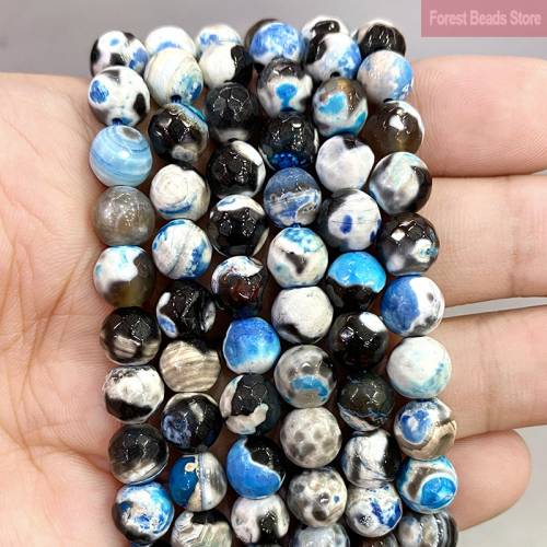 8mm Natural Faceted Frost Cracked Dream Blue Fire Dragon Veins Agates Round Beads for Diy Bracelet Earrings Jewelry Making 15‘‘