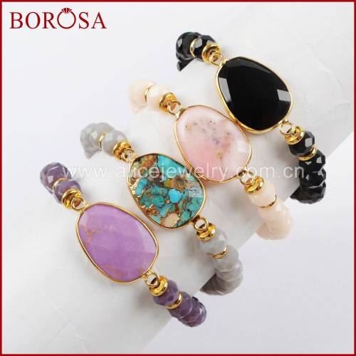 BOROSA 5PCS Gold Color Mix Colors Natural Turquoises 8x6mm Faceted Glass Beads & Tassel Bracelet Bangle for Women Jewelry G1503