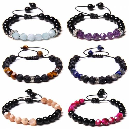 Handmade Geometric Beads Bracelets For Women Men Adjustable Braided Bracelet Faceted Quartzs Tiger Eye Stone Onyx Lava Jewelry