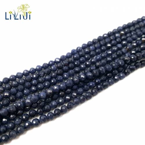 Lii Ji Gemstone Natural Blue Sapphire Round Shape Faceted beads 3mm/4mm DIY Jewelry Making Approx 39cm