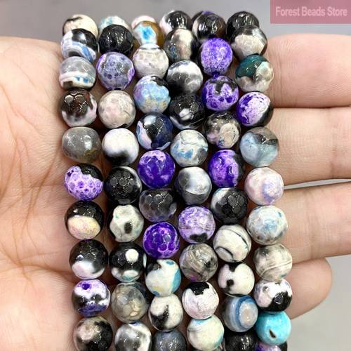 Natural Faceted Frost Cracked Purple Blue Dream Fire Dragon Veins Agates Round Beads 15‘‘ Strand 8mm Diy Bracelet Accessories