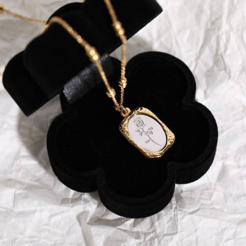Vintage Rose Flower Square Pendant Necklace for Women Stainless Steel Gold Plated Beaded Chain Charm Elegant Wedding Jewelry