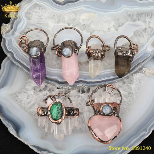 5pcs Real Pink Quartz Heart Pendant Jewelry - White Quartz Hexagonal Point Beads Charms - Crystal Bronze Charms Reiki Jewelry DIY