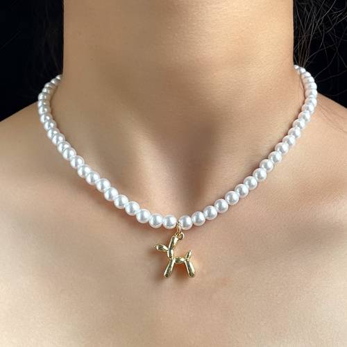 Elegant White Pearl Gold Color Puppy Beaded Necklace For Women Cartoon Dog Simple Femme Choker Wedding Party Aesthetic Jewelry