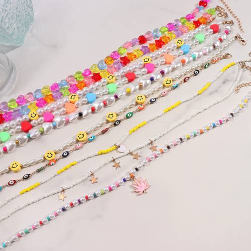 Handmade Colorful Rice Bead Irregular Pearl Love Heart Beaded Necklace For Women Sweet Smiley Choker Necklaces Summer Jewelry