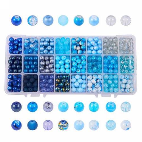 ARRICRAFT 1 Box (about 720 pcs) 24 Color 8mm Round Mixed Style Glass Beads Assortment Lot for Jewelry Making - Gradual Blue Series