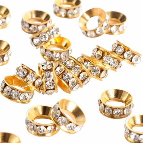 Pandahall Elite 100pcs 10mm Crystal Rhinestone Spacer Beads Bright Gold Plated Brass Rondelle Spacer Beads for Jewelry Making