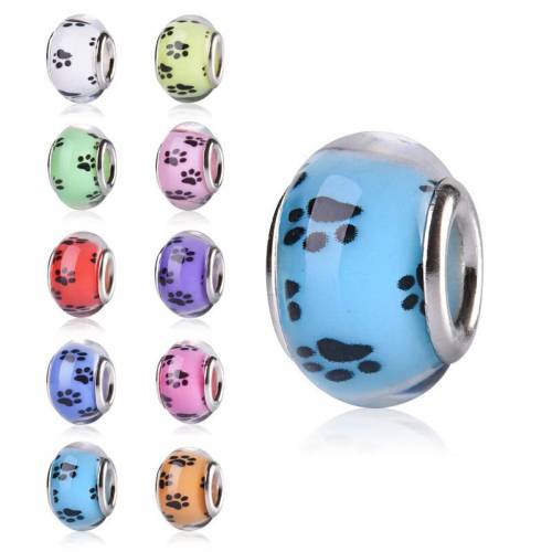 20Pcs 14x8mm Large Hole Rondelle Beads Cute Puppy Dog Paws Murano Charms Fit Pandora Bracelet DIY Snake Chain Slide Charm Bangle