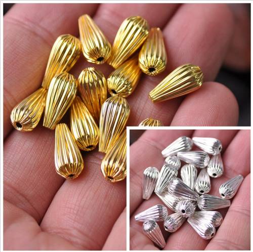 Gold Plated Color 14x7mm Teardrop Hollow Plicated Metal Brass Loose Beads Lot For Jewelry Making DIY Crafts Wholesale