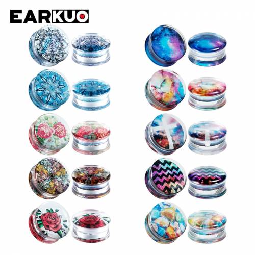 EARKUO Fashion Body Jewelry Flower Transparent Ear Tunnels Sky Cross Multicolour Stone Wave Earring Expanders Stretchers 2PCS
