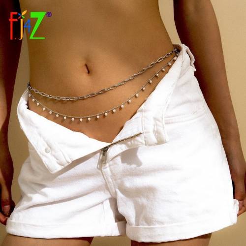 FJ4Z 2021 Trend Belly Chains For Women Fashion Simulated Pearl Charms Cuban Chain Waist Jewelry Lady Summer Beach Accessories