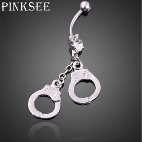 Punk Surgical Steel Piercing Navel Bar Dangle Handcuffs Pendant Belly Button Rings Fashion Woman Body Jewelry Wholesale