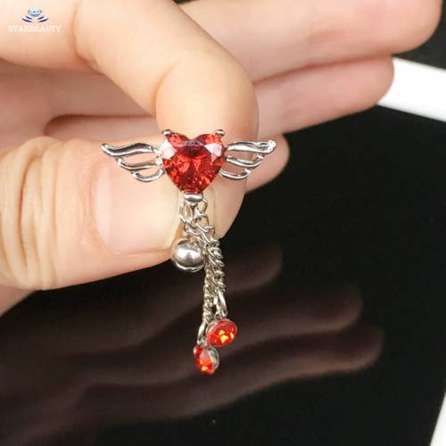 Starbeauty Red Heart Wing Navel Piercing Ombligo Navel Ring Dangle Piercing Nombril Belly Button Rings Tassel Earrings Jewelry