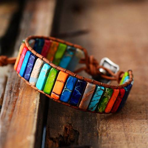 Chakra Bracelet Jewelry Handmade Multi Color Natural Stone Tube Beads Leather Wrap Couples s Gifts