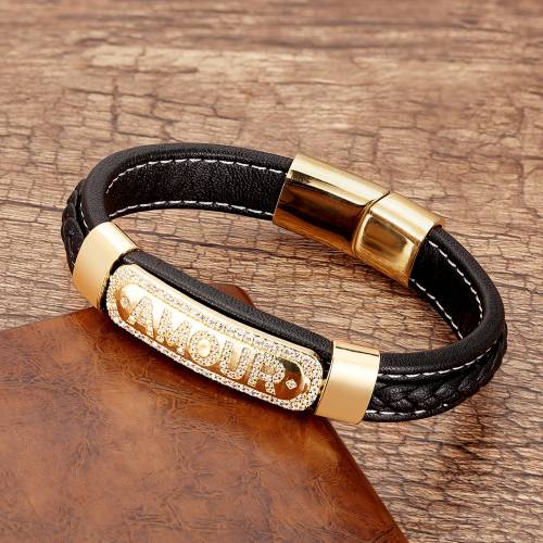 Fashion Cubic Zirconia Pave Setting Letter Bracelet For Women Men Stainless Steel Magnetic Clasp Braided Leather Luxury Bangles
