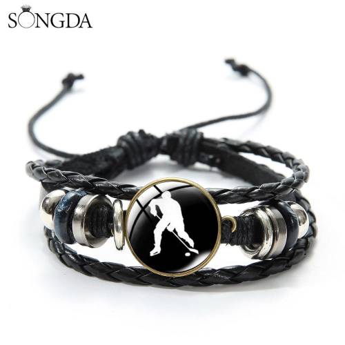 Vintage Style Hockey Player Silhouette Art Bracelet Sport Game Ice Hockey Charm Wristband Sporty Jewelry Gifts for Father