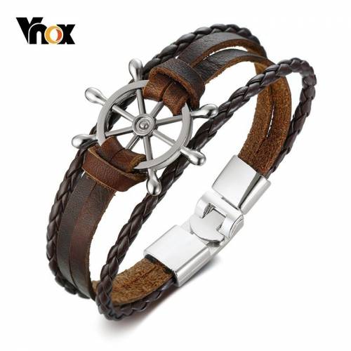 Vnox Vintage Rudder Charm Bracelet for Men Multi-layer Leather Rope Bracelets Bangles 787 pulseira masculina