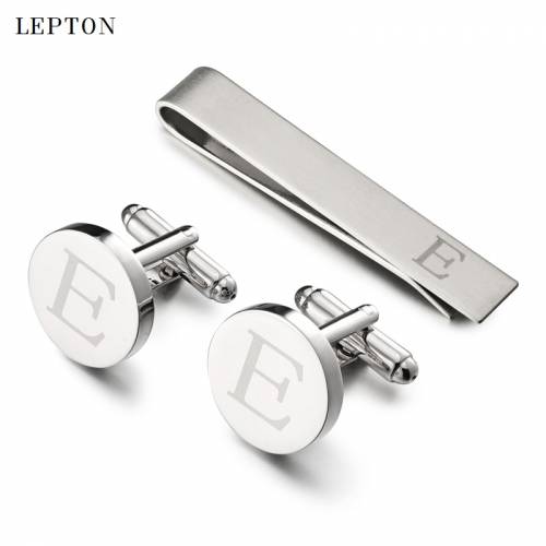 Lepton Round Laser Letter Cufflinks And Tie Clips Set Letters E Cuff links For Mens French Shirt Cuffs Cufflink Relojes Gemelos