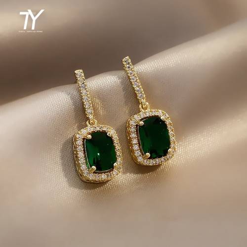 Luxury Exquisite Geometric Green Crystal Pendant Earrings For Woman Korean Fashion Jewelry Wedding Party Girl‘s Elegant Earrings