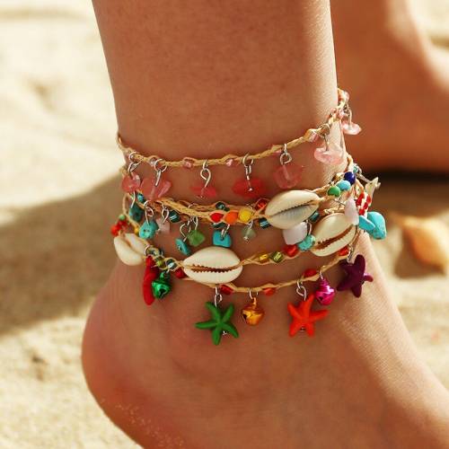 2021 Bohemian Style Jewelry Beach Wind Starfish Shell Anklet Women Woven Raffia Colored Gravel Foot Decoration Girlfriend Gift