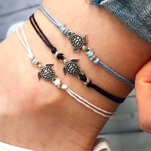 Bohemian Turtle Charm Chain Beach Style Adjustable Wax Rope String Anklets for Woman Foot Ethnic Sandals Jewelry Ankle Bracelet