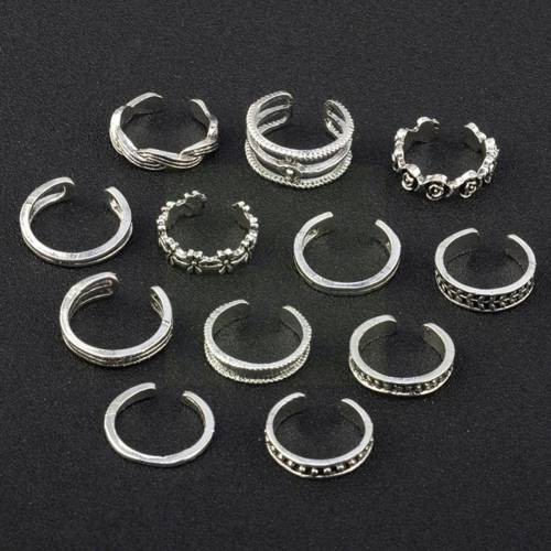 Hot 12pcs Foot Ring Set Women Summer Beach Unique Adjustable Ring Gifts Opening Accessories Jewelry Carved Foot Toe Vintage Z9H8