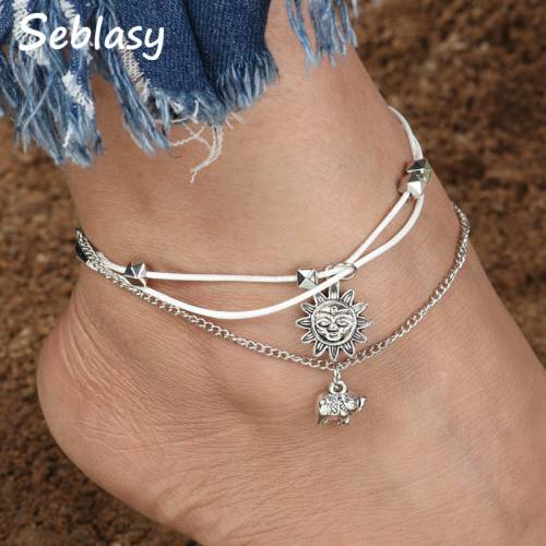 Seblasy Vintage Bohemian Double Layer Pendant Beads Elephant Sun Flowers Anklets Bracelets for Women Hot Sale Foot Jewelry Gifts