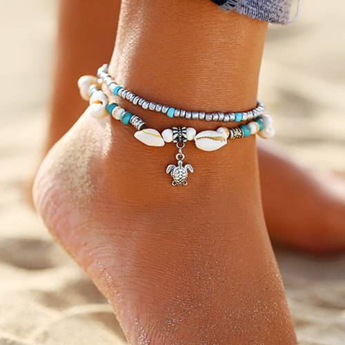 Turquoise Stone Beach Anklet Bracelet for Women Turtle Multi-layer Leg Chain Ankle Bracelets Foot Jewelry Accessories AM3097