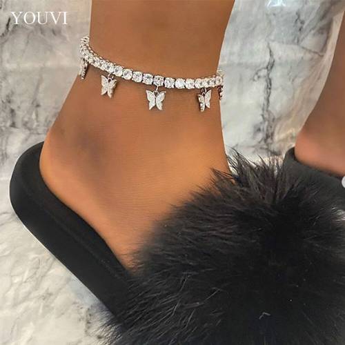 YOUVI Crystal Butterfly anklet Rhinestone Tennis Chain Foot Chain Jewelry for Women Summer Beach Anklet Butterfly Barefoot Chain