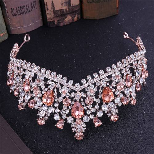 Fashion Diadem Rose Gold Baroque Green Crystal Tiara Crown for Women Girls Headband Bridal Wedding Hair Jewelry Accessories