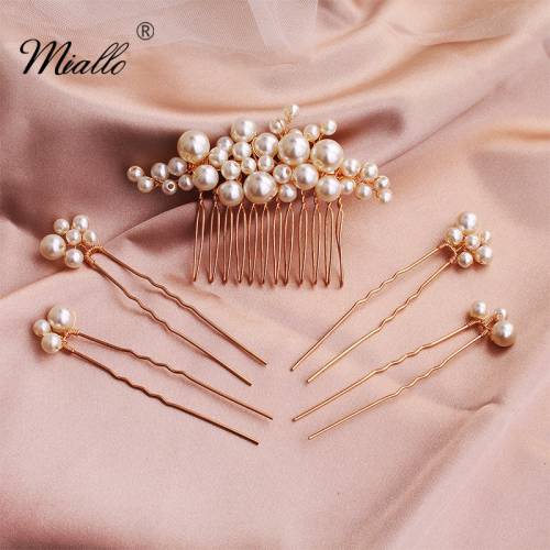 Miallo 2019 5 pcs/set Pearls Wedding Hair Comb Bridal Hair Pins Clips Women Hair Jewelry Accessories Handmade Headpieces