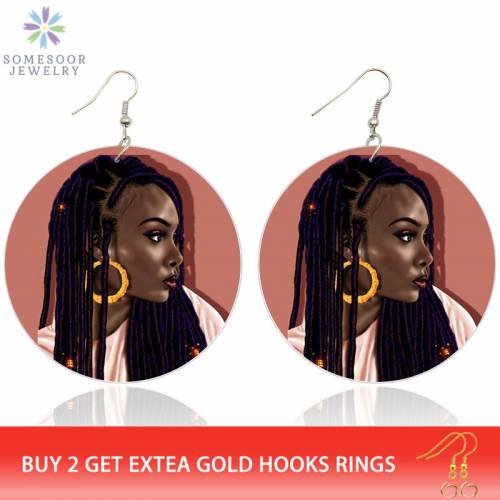 SOMESOOR Painted Black Hiphop Girl Locs Hoops Wooden Drop Earrings African Natural Hair Afro Wood Jewelry For Women Gifts 1Pair