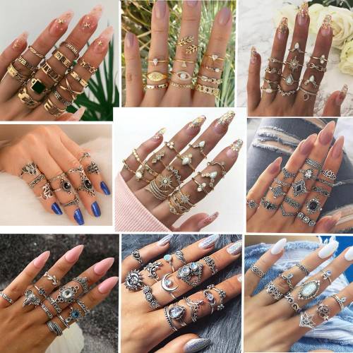 30 styles Bohemian Rings Crystal Star Crown Cross Snake Drops Elephant Geometry Gold Ring Set Personality Lady Wedding Jewelry