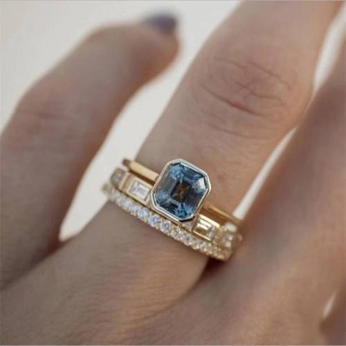 3pcs/set Acid Blue Crystal Promise Rings Set for Women Unisex Gold-plating Rings Men Charm Jewelry Women Valentine‘s Day Gift