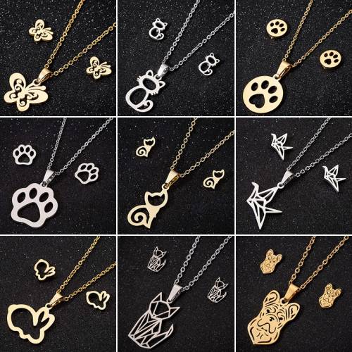 Bijoux Animal Stainless Steel Necklace Set Cartoon Cat Paw Rabbit Butterfly Dog Necklaces Pendants Statement Jewelry Wholesale