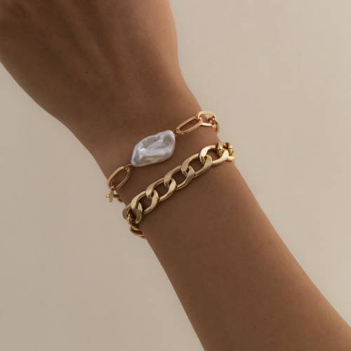 Boho Geometric Fashion Faux Pearl Pendant Bracelet Set Women‘s Glamour Cuban Thick Bracelets Girl Party Jewelry Gift
