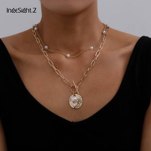 IngeSightZ 2Pcs/Set Multi Layered Boho Imitation Pearl Choker Necklace Collar Punk Carved Coin Lasso Pendant Necklaces Jewelry