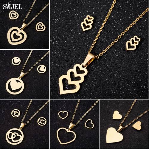 SMJEL Stainless Steel Love Heart Necklaces Women Girls Golden Jewelry Sets Simple Wedding Wave Heart Earrings 2022 Wholesale