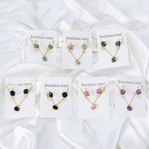 Square multiple Color Crystal Pendant Necklace Earrings Set Stainless Steel Jewelry Set for Women Party Gift Jewelry Wholesale