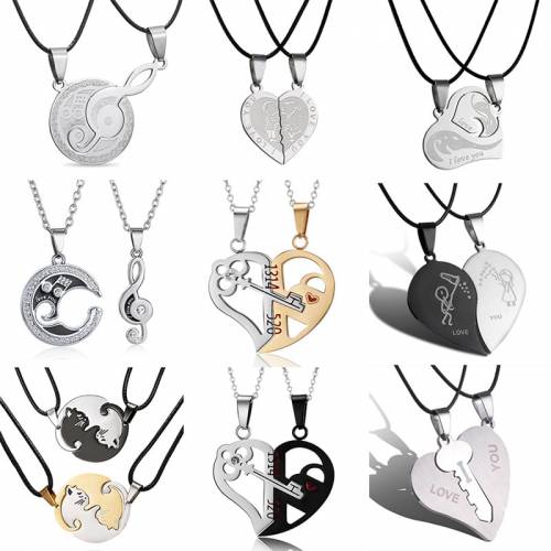 Trend Splice 2 PCS/Set Moon Cat Heart Pendant Necklace For Couple Stainless Steel Family Friend Women Chain Choker Jewelry Gifts