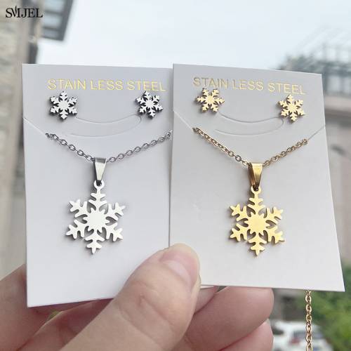 Winter Fashion Snowflake Necklace Pendant Clavicle Stainless Steel Jewelry Set For Women Christmas Snowflake Flower Earring Gift