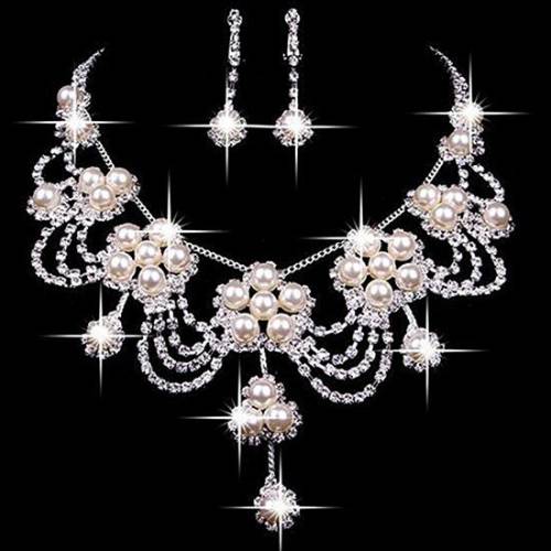 Women‘s Luxury Rhinestone Faux Pearl Necklace Earring Wedding Bridal Jewelry Set luxury shiny jewelry set women wedding jewelry
