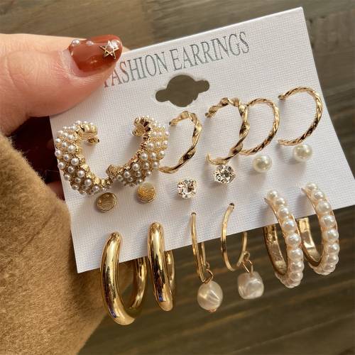 YADELAI Trendy Big Pearl Earrings Set For Women Fashion Gold Geometric Circle Chain Earrings 2021 NEW Set of Earrings Jewelry