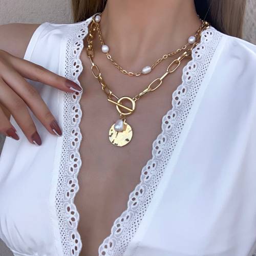 AENSOA Punk Hip Hop Shell Pendant Necklace Retro Chunky Women Men Link Chain Pearl Lock Necklace Collar Fashion Female Jewelry